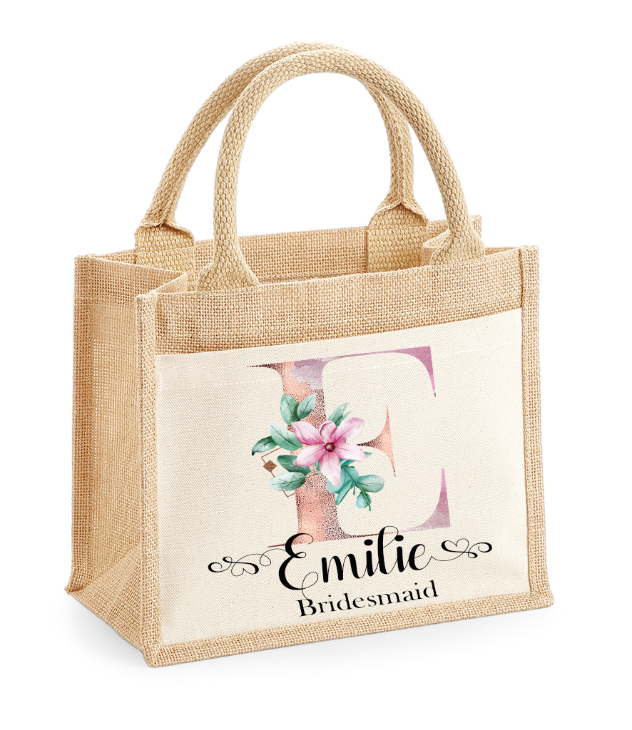 Personalised Rose Gold Floral Initial Jute Bag – Elegant Treats