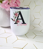 Black Initial Magnolia  Wine Tumbler