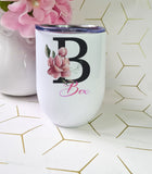 Black Initial Magnolia  Wine Tumbler