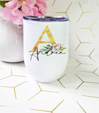 Gold Initial Flower Wine Tumbler