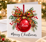 Personalised Baubles Christmas Card - African Print Bow