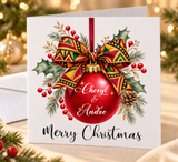 Personalised Baubles Christmas Card - African Print Bow
