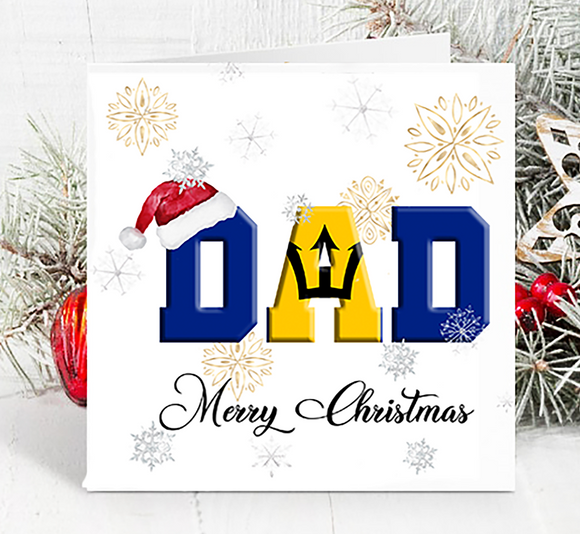 Christmas card with 'DAD' in the Barbados flag  and 'Merry Christmas' text, surrounded by festive decorations.