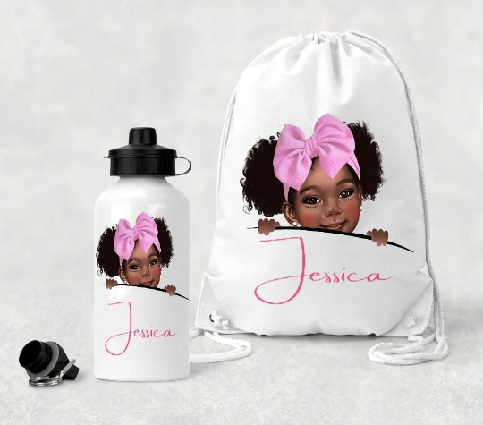Personalised Black Girl P.E Bag And Water Bottle