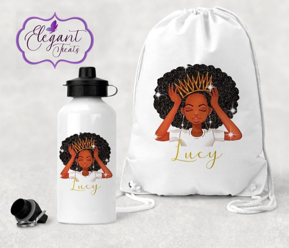 Personalised Melanin Princess P.E Bag And Water Bottle