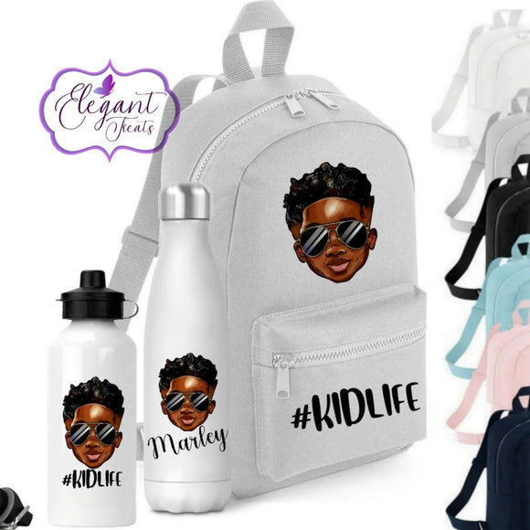 Black Boy Backpack and Water Bottle Set